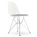 Eames Plastic Side Chair DSR, Blanc, Avec coussin d'assise, Bleu foncé / ivoire, Version standard - 43 cm, Chromé
