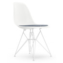 Eames Plastic Side Chair DSR, Blanc, Avec coussin d'assise, Bleu foncé / ivoire, Version standard - 43 cm, Revêtement blanc