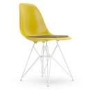 Eames Plastic Side Chair DSR, Moutarde, Avec coussin d'assise, Moutarde / gris foncé, Version standard - 43 cm, Revêtement blanc