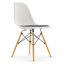 Eames Plastic Side Chair DSW, Blanc, Avec coussin d'assise, Bleu foncé / ivoire, Version standard - 43 cm, Frêne tons miel