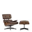 Lounge Chair & Ottoman - Beauty Versions, Noyer pigmenté noir, Cuir premium marron, 84 cm - Hauteur originale de 1956, Aluminium poli, côtés noirs