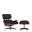 Lounge Chair & Ottoman, Palissandre Santos, Cuir premium nero, 84 cm - Hauteur originale de 1956, Aluminium poli, côtés noirs